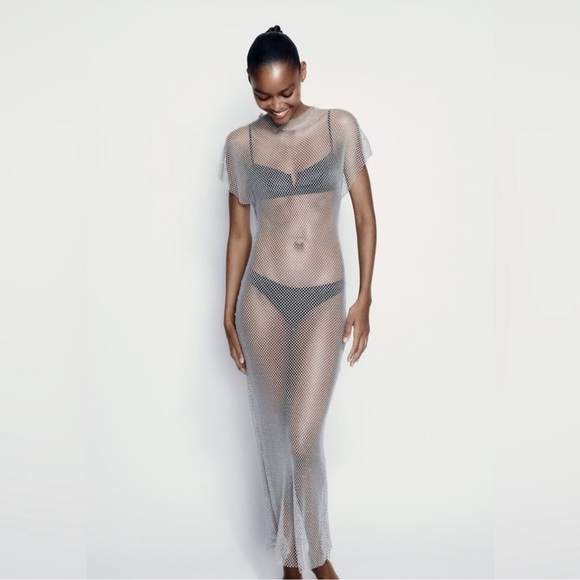 ZARA RHINESTONE MESH MIDI DRESS - Picture 3 of 11